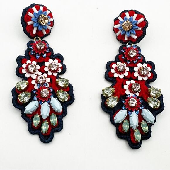 J Crew Chandelier Earring Oversized Red Blue Embroidered Big Beaded Jeweled - Picture 1 of 10